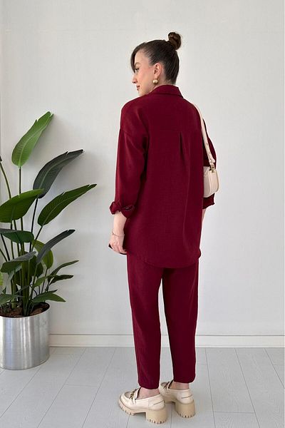 MaziButik Plain Linen Suit Burgundy