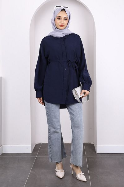 İmajButik Navy Blue Front Button Modal Tunic
