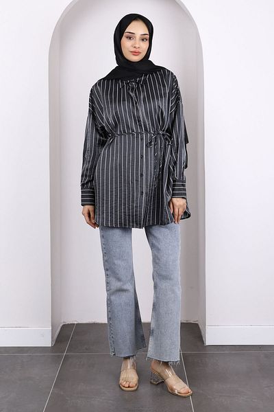 İmajButik Black Striped Front Buttoned Tunic