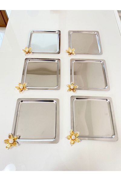 NEWTREND Züccaciye Luxury Lily Floral Stainless Steel Square 6-Piece Silver Coffee, Tea, Decorative Presentation Serving Tray
