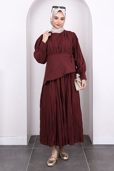 İmajButik Φόρεμα μπορντό με λεπτομέρεια με ζωνάκι