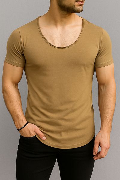 BYBÜLENT Men's Camel Oval Hem Wide Collar Slim Fit Short Sleeve T-Shirt