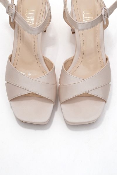 LuviShoes Lisbon Beige Satin Cross Strap Women's Platform Heeled Shoes
