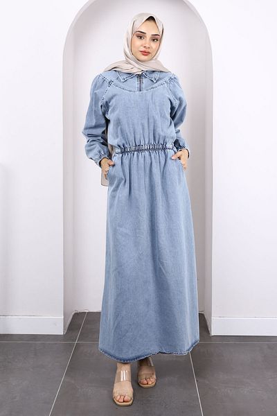 İmajButik Μπλε τζιν φόρεμα με ελαστική τσέπη μέσης