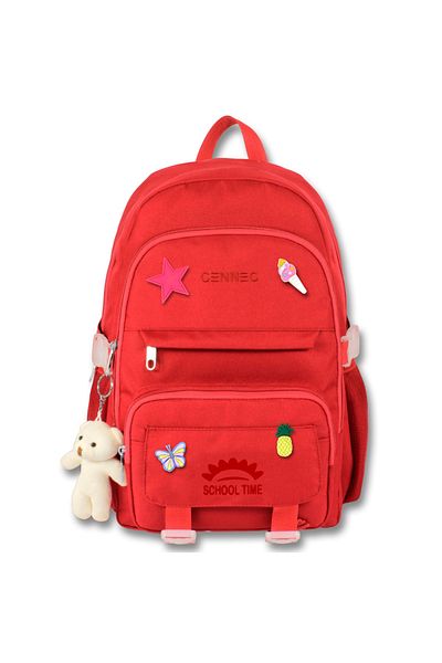 ÜMİT ÇANTA Cennec Korean Style School Backpack with Accessories and Teddy Bear Keychain Gift Red