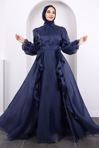 İmajButik Navy Blue Balloon Sleeve Evening Dress