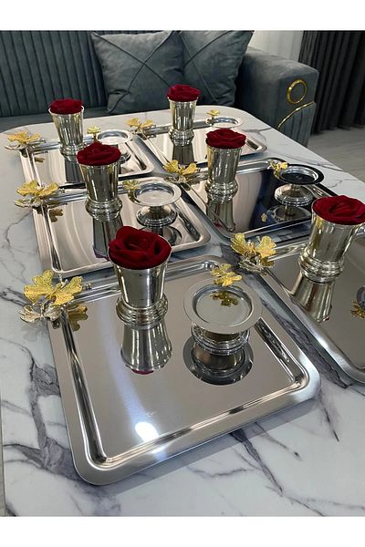 NEWTREND Züccaciye 3 Different Models Silver 6-Piece Steel Square Presentation Tray, Silver Rose Bucket (with Roses), Butterfly Macaron Holder