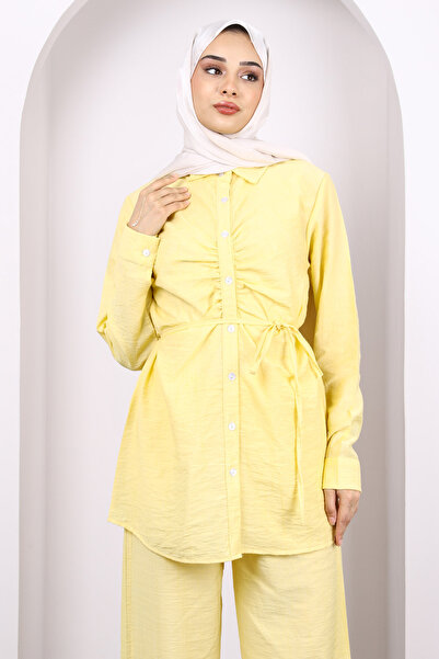 İmajButik Yellow Front Draped Tunic Pants Suit