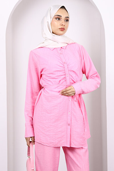 İmajButik Pink Front Draped Tunic Pants Suit