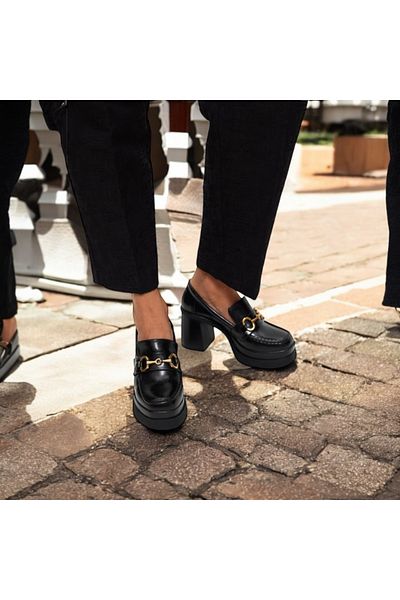 Jarrox Loah Black Buckle Detail Thick Heel Lightweight Poly Sole Women's Loafer