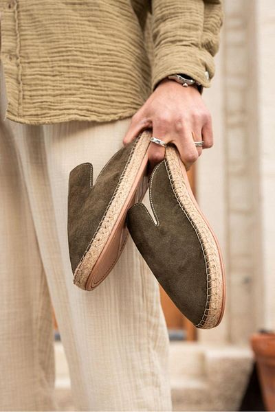 Lovittoman Men's Genuine Leather Rubber Sole Khaki Espadrille Slippers