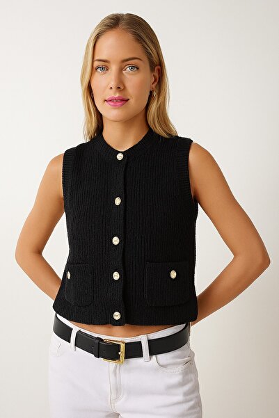 DEMİRBEY TEKSTİL Women's Black Stylish Buttoned Pocket Knitwear Vest