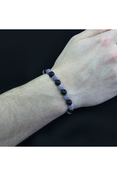 Tesbihane Onyx Metal Combination Sphere Cut Natural Stone Bracelet