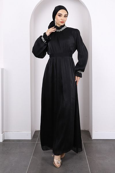 İmajButik Βραδινό φόρεμα με μαύρο μανίκι και πέτρα