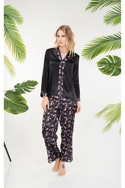 Stylish Ultra-feminine pajamas in soft black satin with a floral print for a charming look.