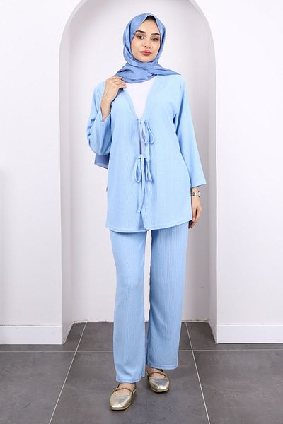 İmajButik Blue Front Tie Wrap Kimono Pants Set