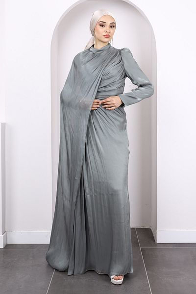 İmajButik Βραδινό φόρεμα σιφόν με χακί μπροστινό ντραπέ