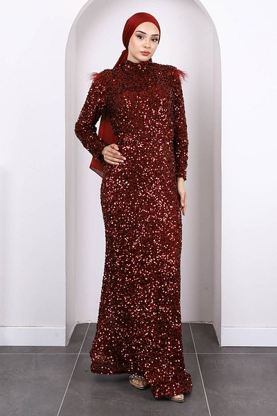 İmajButik Βραδινό φόρεμα με παγιέτες με μπορντό μέση