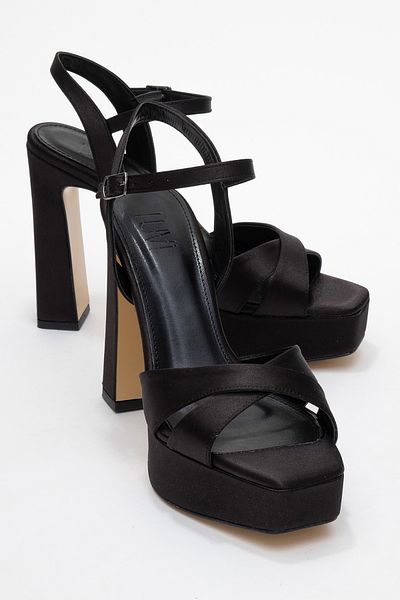 LuviShoes Yuli̇a Black Satin Cross Strap Women's Platform Heeled Shoes