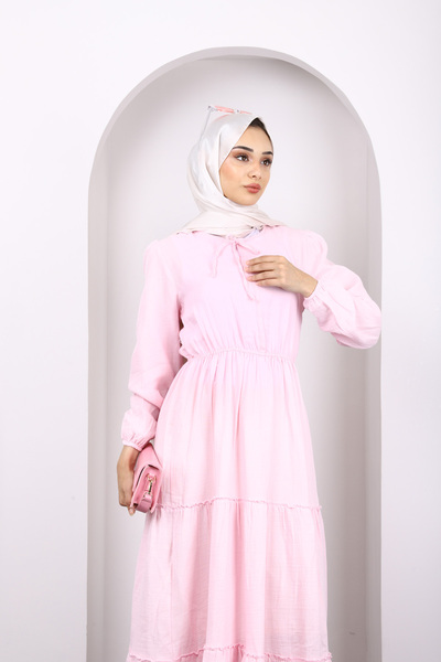 İmajButik Φόρεμα μουσελίνας με πούλιες με ροζ γιακά με δέσιμο