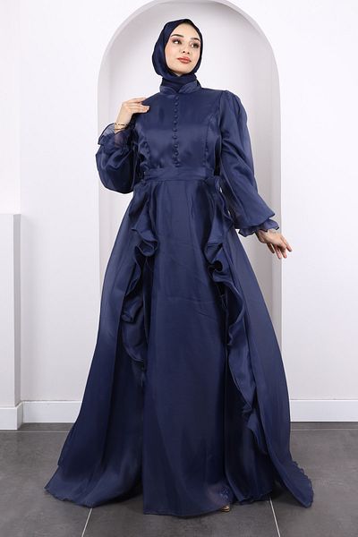 İmajButik Navy Blue Balloon Sleeve Evening Dress