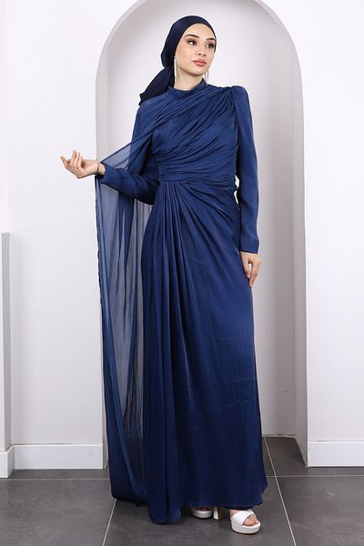 İmajButik Βραδινό φόρεμα σιφόν μπλε ναυτικό με ντραπέ μπροστά