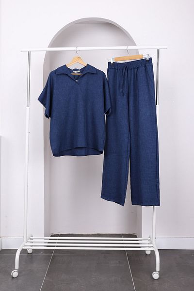 İmajButik Navy Blue Off Shoulder Shirt and Trousers Linen Suit