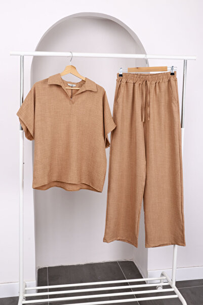 İmajButik Μπισκότο Πουκάμισο Off Shoulder Σετ Λινό με Παντελόνι