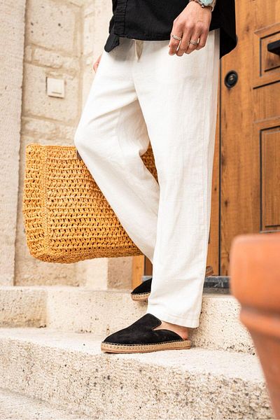 Lovittoman Men's Genuine Leather Rubber Sole Black Espadrille Slippers