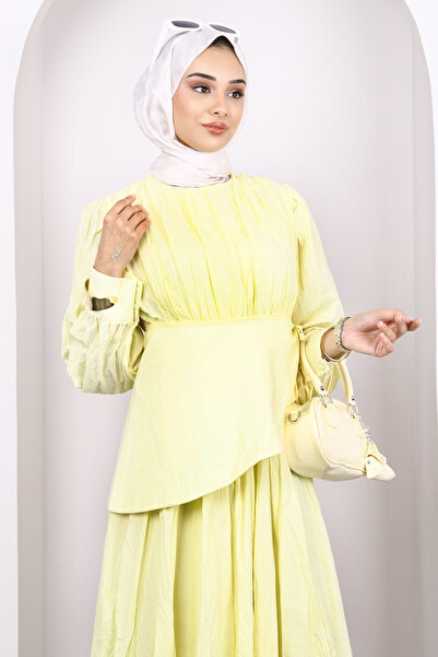 İmajButik Sarı Kuşak Detaylı Kraş Elbise
