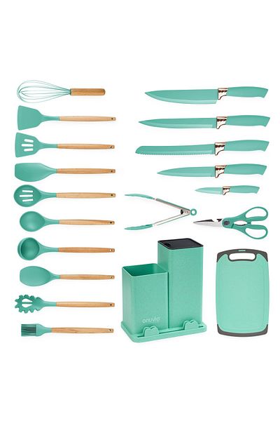 wei inox Set of 19 kitchen utensils, wood/silicone, green