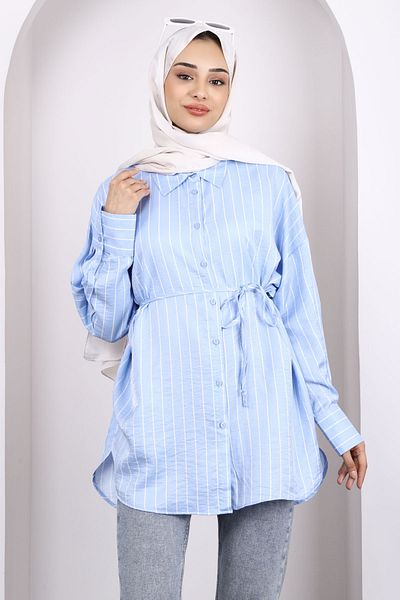 İmajButik Blue Striped Front Buttoned Tunic