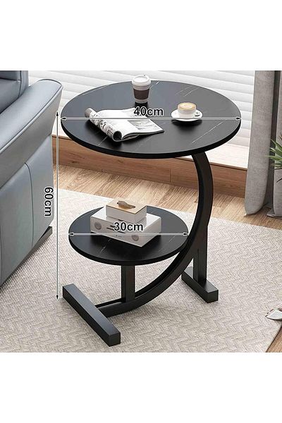rexa Modern 2-Tier Round Side Table with Faux Marble Tops & Black Metal Base