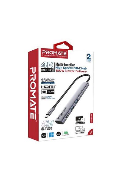 Promate UCB-C 5-in-1 Multiport Hub features two 5Gbps USB-A ports and one USB-C port.