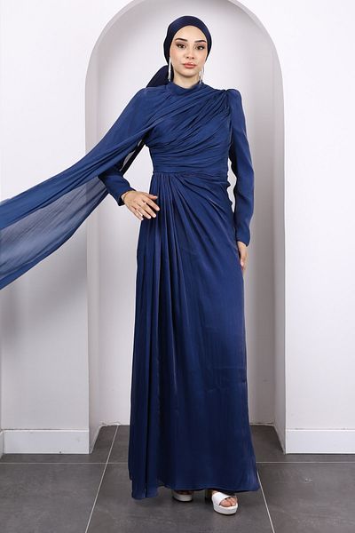 İmajButik Βραδινό φόρεμα σιφόν μπλε ναυτικό με ντραπέ μπροστά