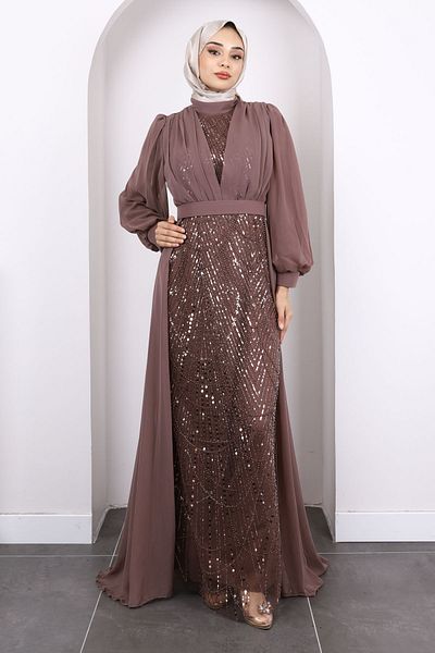İmajButik Βραδινό φόρεμα σιφόν με χάντρες βιζόν