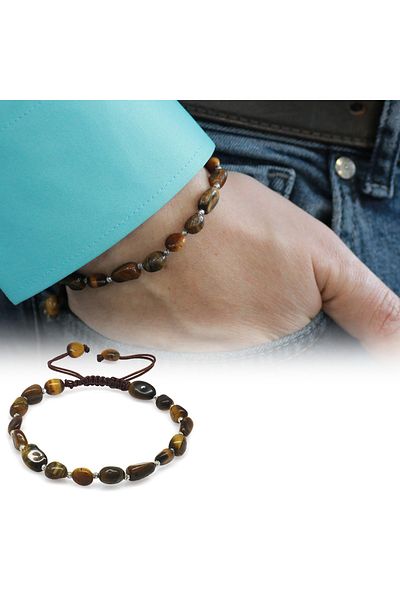 Tesbihane Macrame Braided Natural Cut Tiger Eye Natural Stone Men's Bracelet