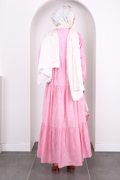 İmajButik Φόρεμα με ροζ σχέδιο με μισό κουμπί μανίκι ελαστικό