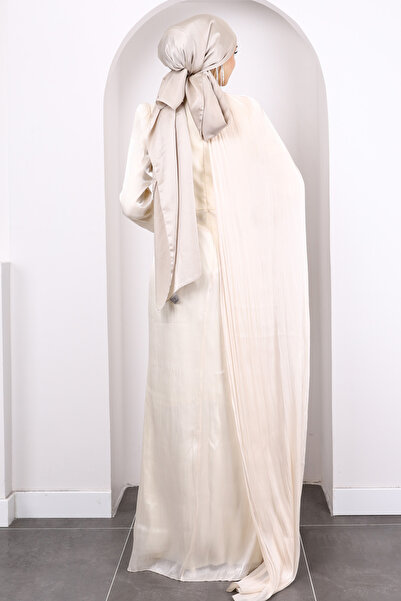 İmajButik Beige Chiffon Evening Dress with Draped Front