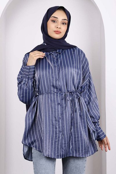 İmajButik Navy Blue Striped Front Buttoned Tunic
