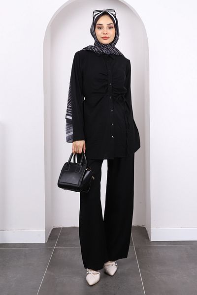 İmajButik Black Front Draped Tunic Trouser Suit