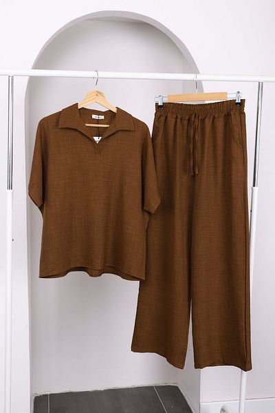 İmajButik Καφέ Σετ Λινό Πουκάμισο Off Shoulder με Παντελόνι
