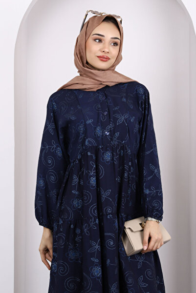 İmajButik Μπλε ναυτικό μοτίβο με μισό κουμπί μανίκι ελαστικό φόρεμα