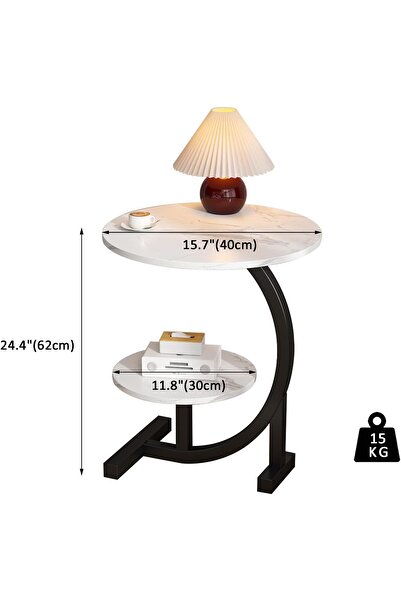 rexa Modern 2-Tier Round Side Table with Faux Marble Tops & Black Metal Base