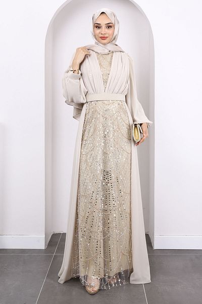 İmajButik Βραδινό φόρεμα σιφόν μπεζ με χάντρες