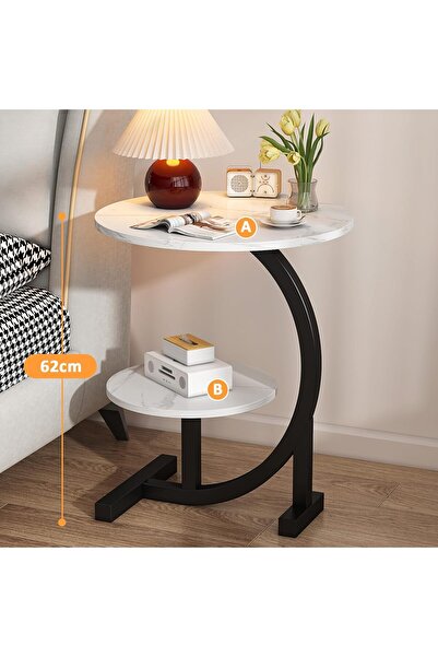 rexa Modern 2-Tier Round Side Table with Faux Marble Tops & Black Metal Base