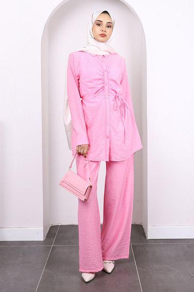 İmajButik Pink Front Draped Tunic Pants Suit