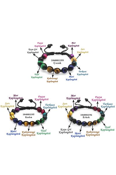 Tesbihane Macrame Braided Sphere Cut Tiger Eye Natural Stone Combination Women Men Children Energy Bracelet Set of 3