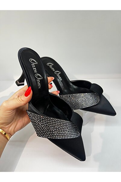 DİVA Kadın Mat Siyah Saten Taşlı Terlik