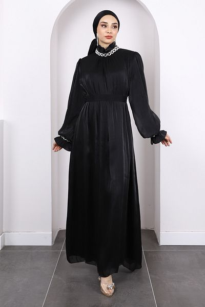 İmajButik Βραδινό φόρεμα με μαύρο μανίκι και πέτρα